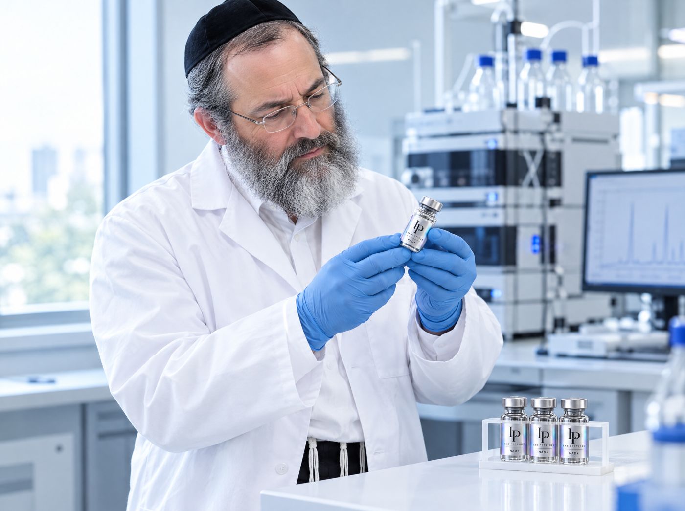A Haredi man in a lab coat examining a Lab Peptides vial