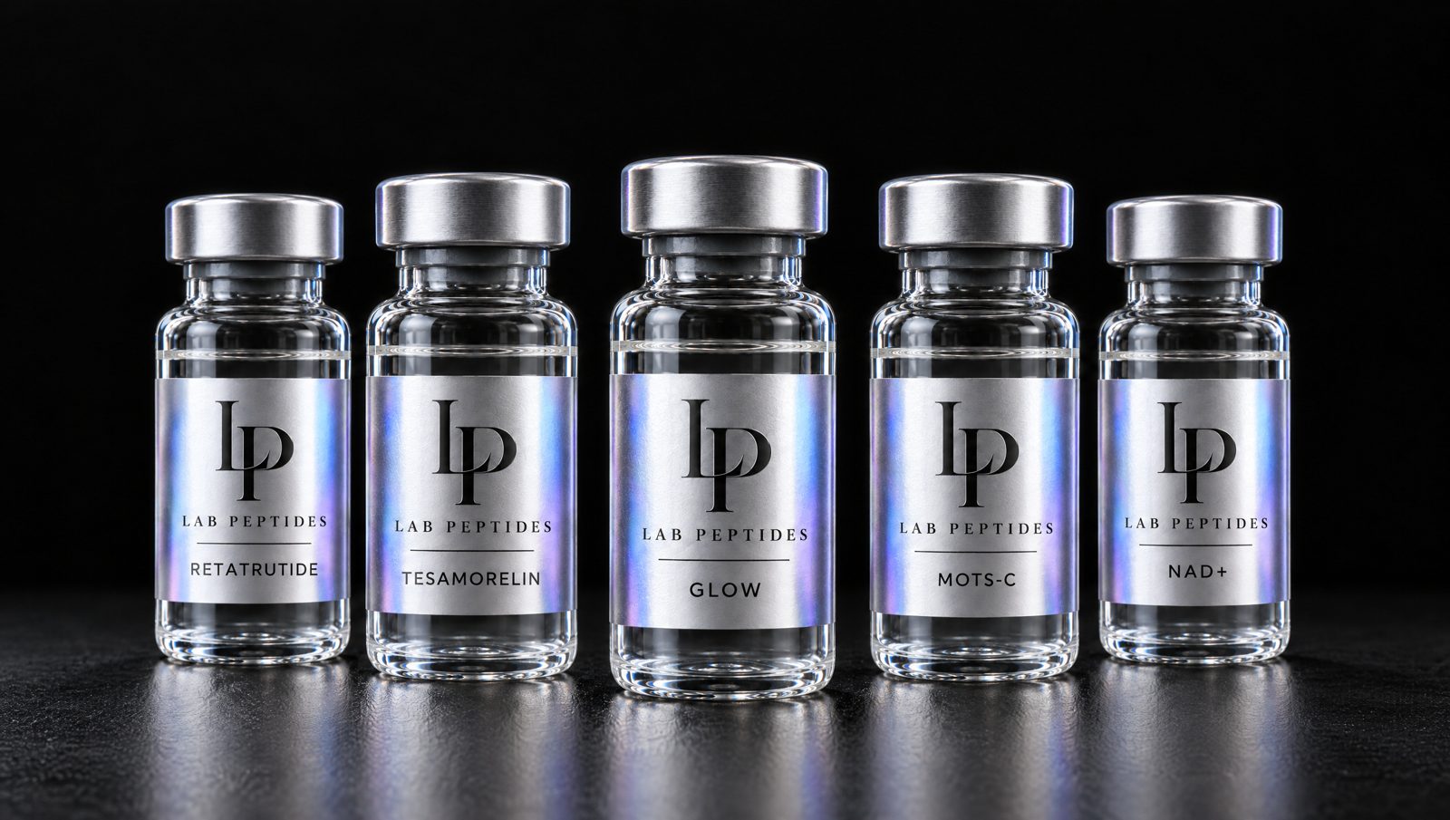 Five Lab Peptides vials: Retatrutide, Tesamorelin, GLOW, MOTS-c and NAD+